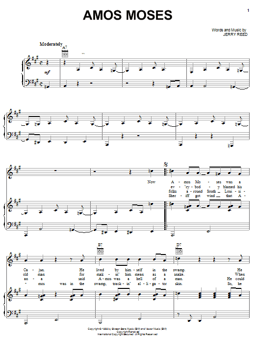 Download Jerry Reed Amos Moses Sheet Music and learn how to play Piano, Vocal & Guitar (Right-Hand Melody) PDF digital score in minutes