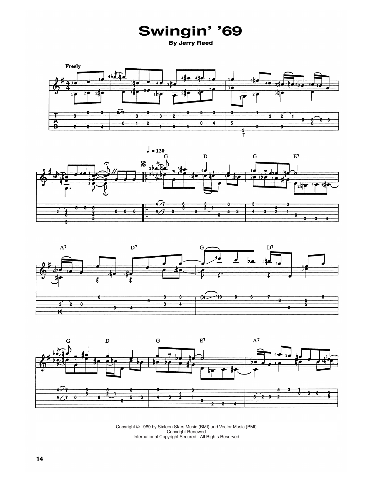 Download Jerry Reed Swinging '69 Sheet Music and learn how to play Guitar Tab PDF digital score in minutes