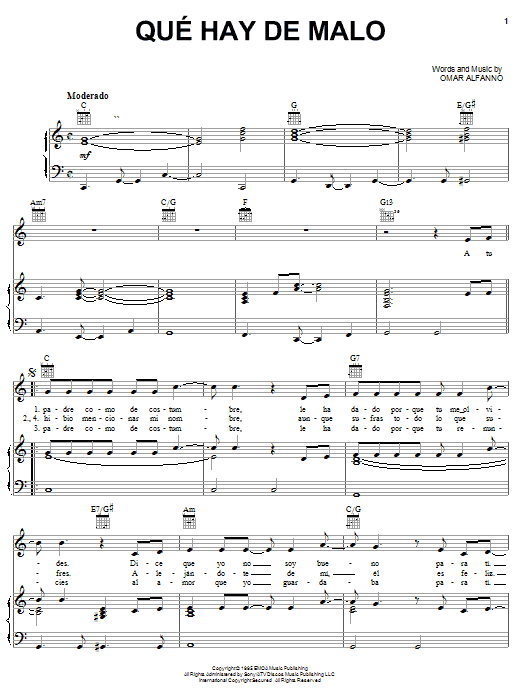 Download Jerry Rivera Que Hay De Malo Sheet Music and learn how to play Piano, Vocal & Guitar (Right-Hand Melody) PDF digital score in minutes