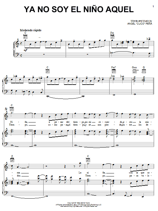 Download Jerry Rivera Ya No Soy El Nino Aquel Sheet Music and learn how to play Piano, Vocal & Guitar (Right-Hand Melody) PDF digital score in minutes