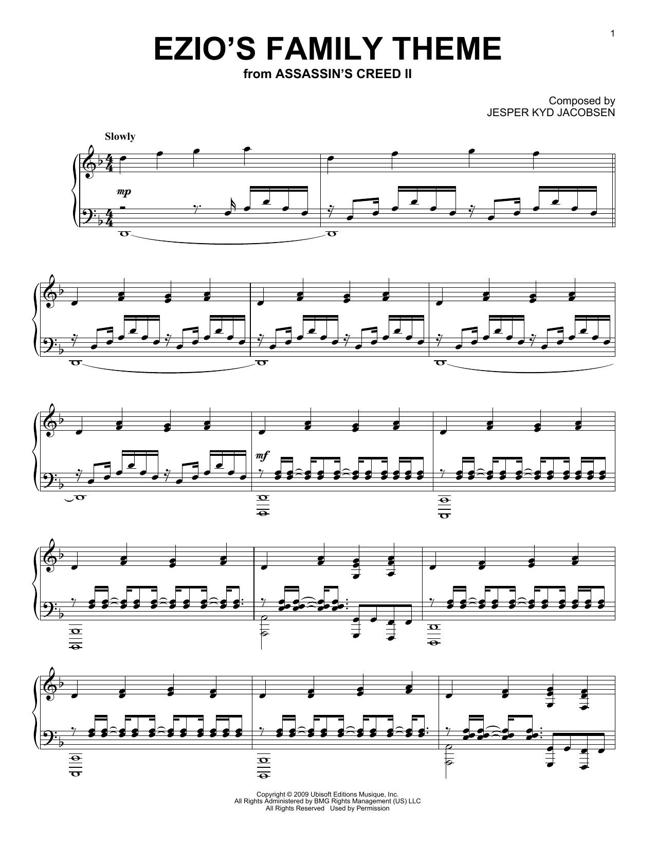 Download Jesper Kyd Jacobsen Ezio's Family (from Assassin's Creed II) Sheet Music and learn how to play Piano Solo PDF digital score in minutes