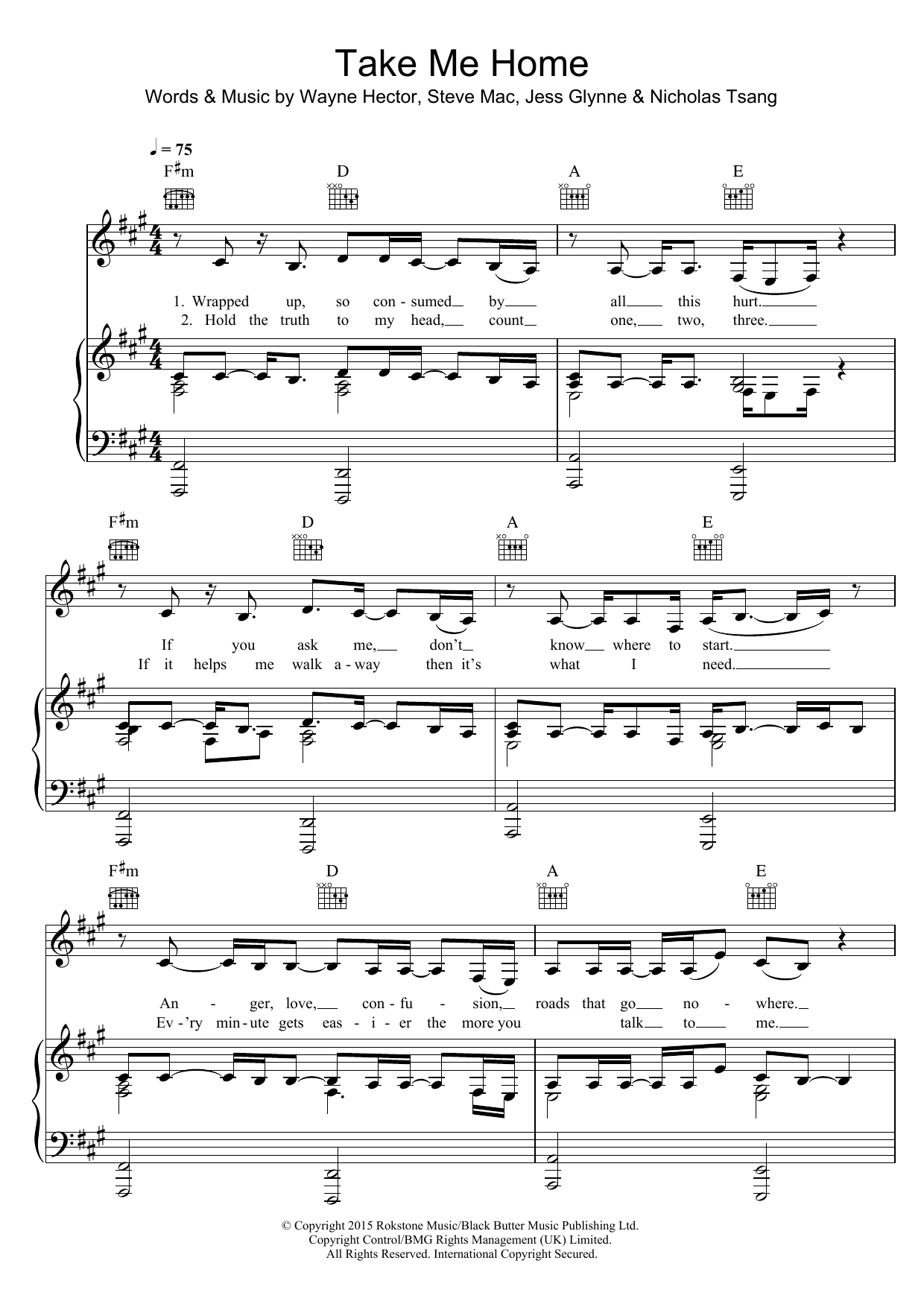 Download Jess Glynne Take Me Home (BBC Children In Need Single 2015) Sheet Music and learn how to play Piano, Vocal & Guitar (Right-Hand Melody) PDF digital score in minutes