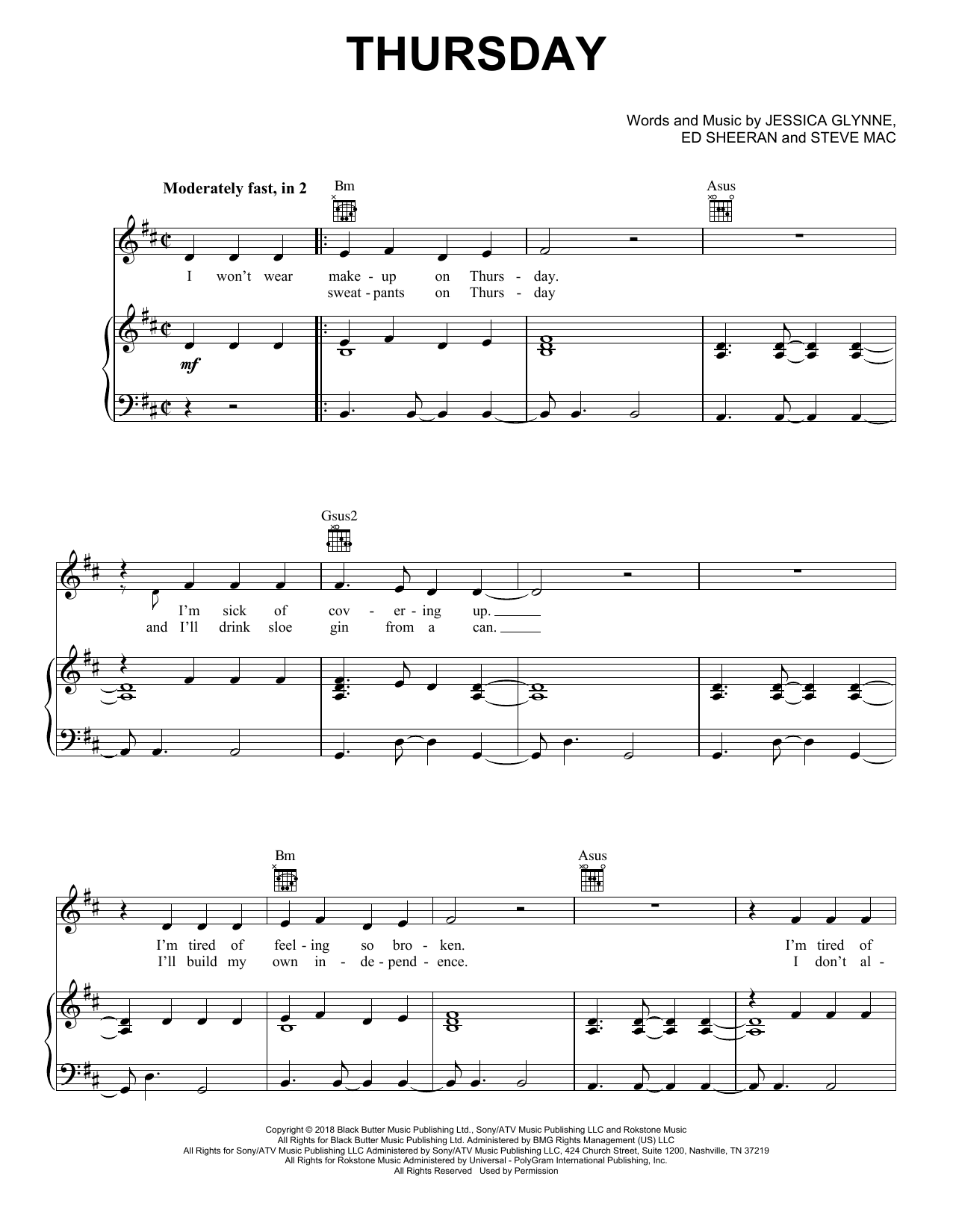 Download Jess Glynne Thursday Sheet Music and learn how to play Piano, Vocal & Guitar Chords (Right-Hand Melody) PDF digital score in minutes