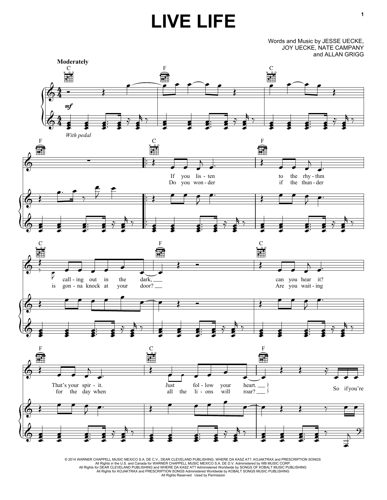 Download Jesse & Joy Live Life Sheet Music and learn how to play Piano, Vocal & Guitar (Right-Hand Melody) PDF digital score in minutes