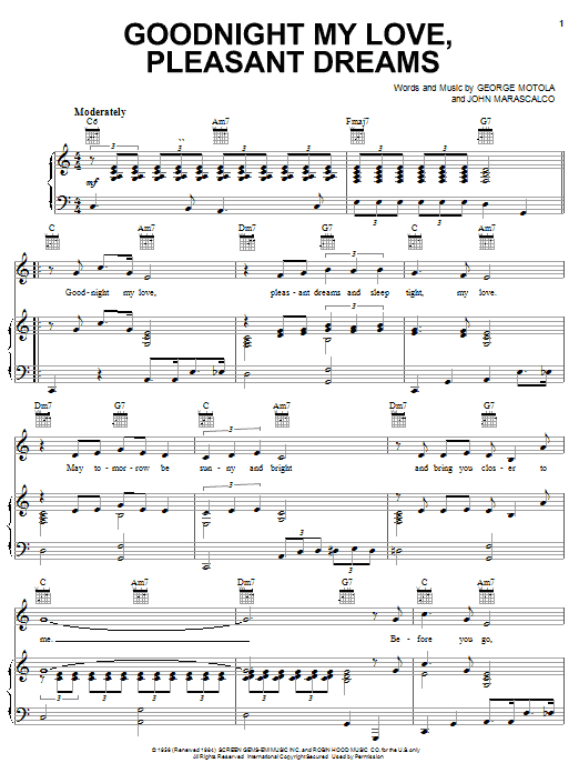 Download Jesse Belvin Goodnight My Love, Pleasant Dreams Sheet Music and learn how to play Piano, Vocal & Guitar (Right-Hand Melody) PDF digital score in minutes
