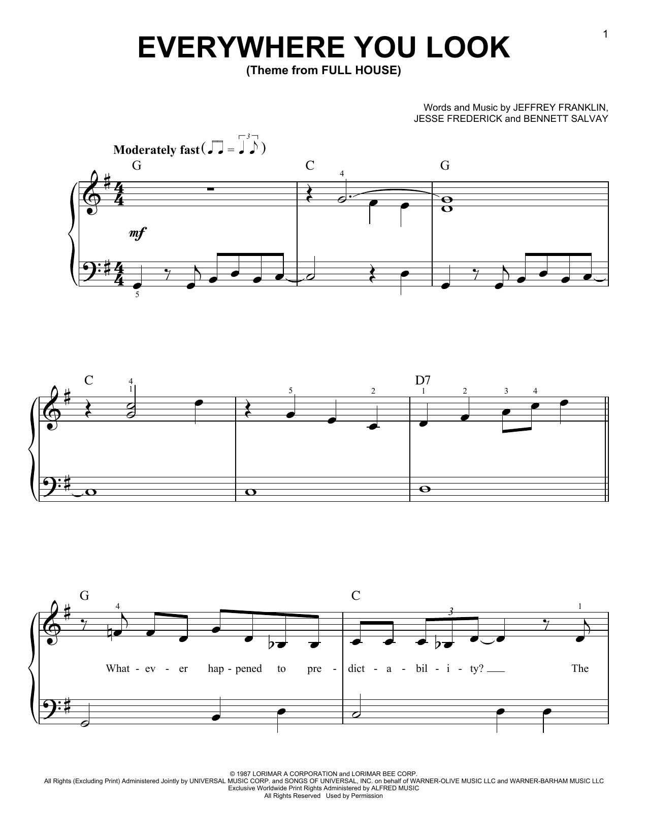 Download Jesse Frederick Everywhere You Look (Theme from Full House) Sheet Music and learn how to play Very Easy Piano PDF digital score in minutes