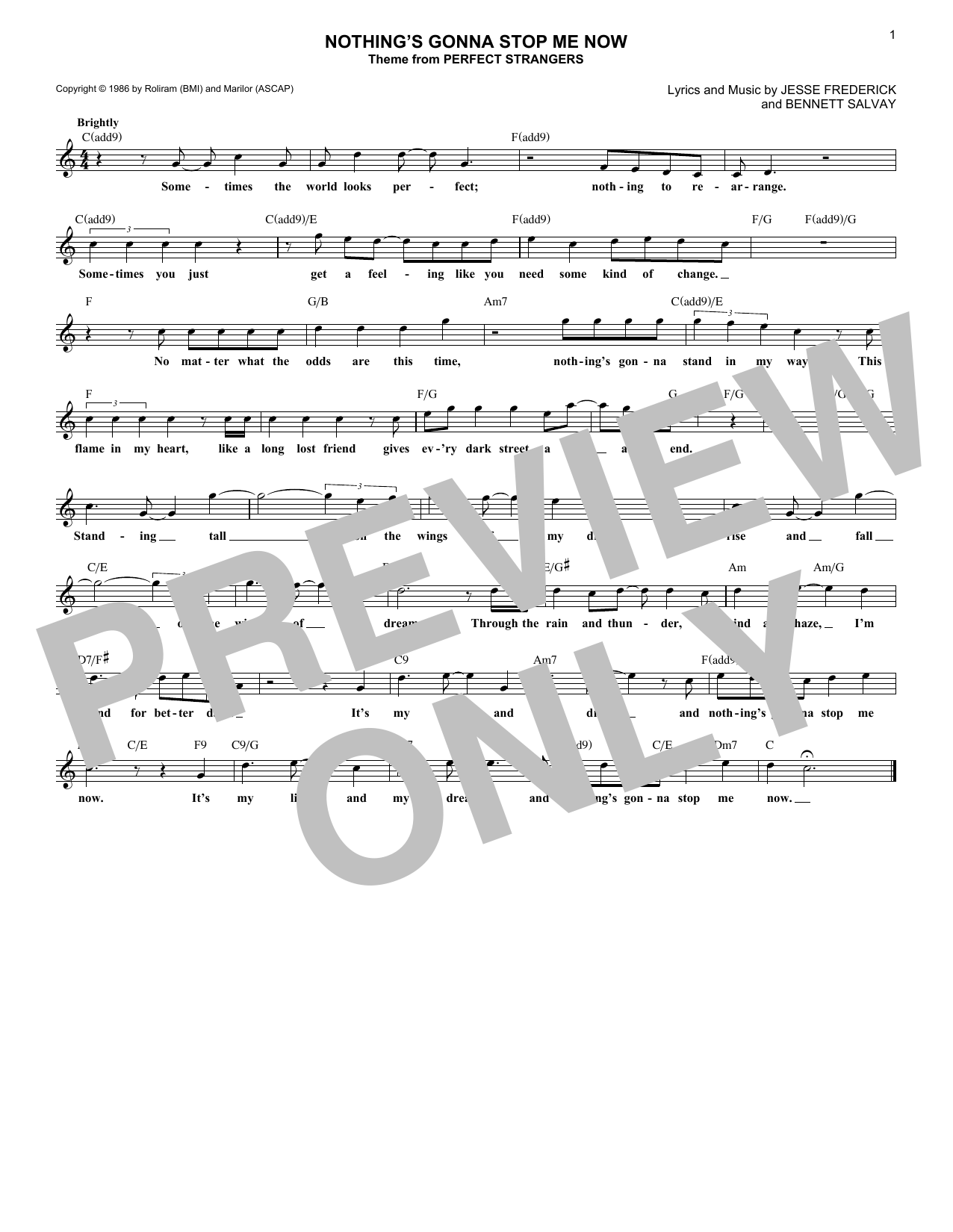 Download Jesse Frederick Nothing's Gonna Stop Me Now (from Perfect Strangers) Sheet Music and learn how to play Lead Sheet / Fake Book PDF digital score in minutes