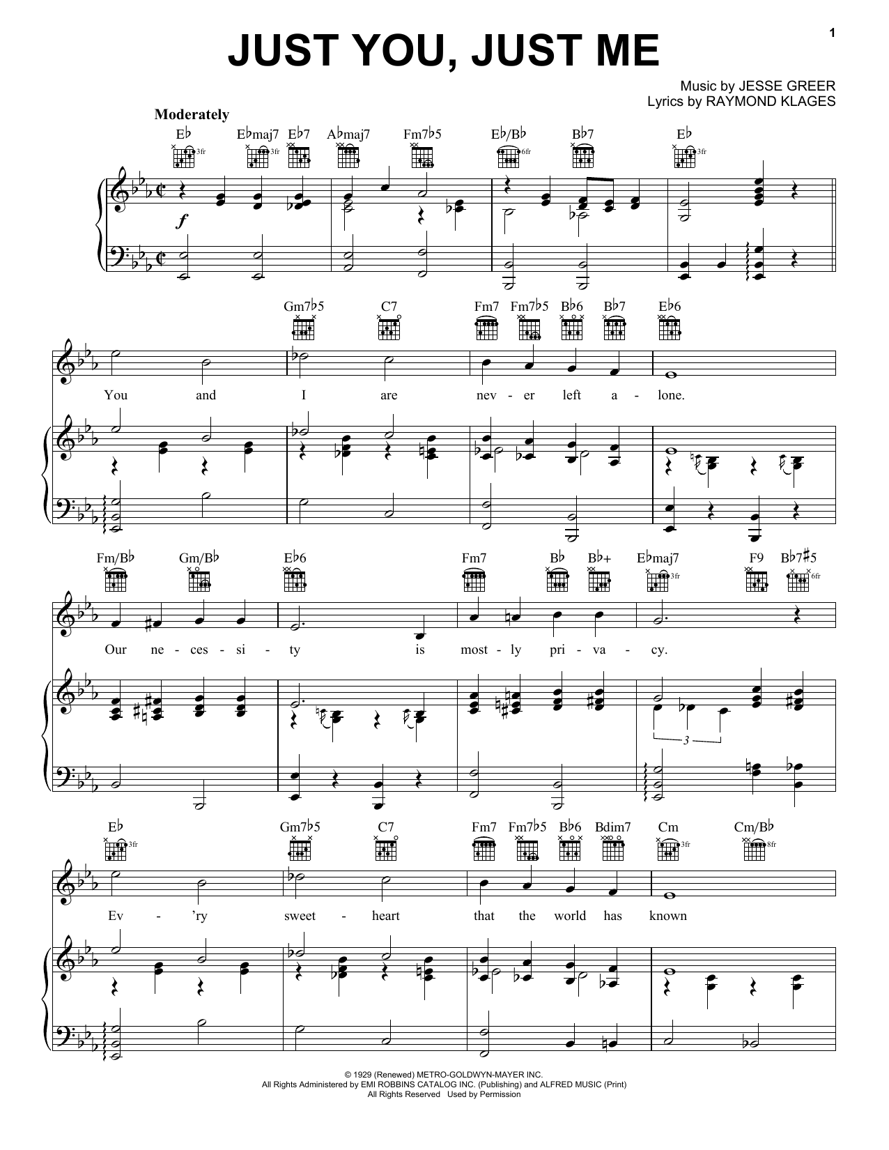 Download Jesse Greer Just You, Just Me Sheet Music and learn how to play Easy Piano PDF digital score in minutes