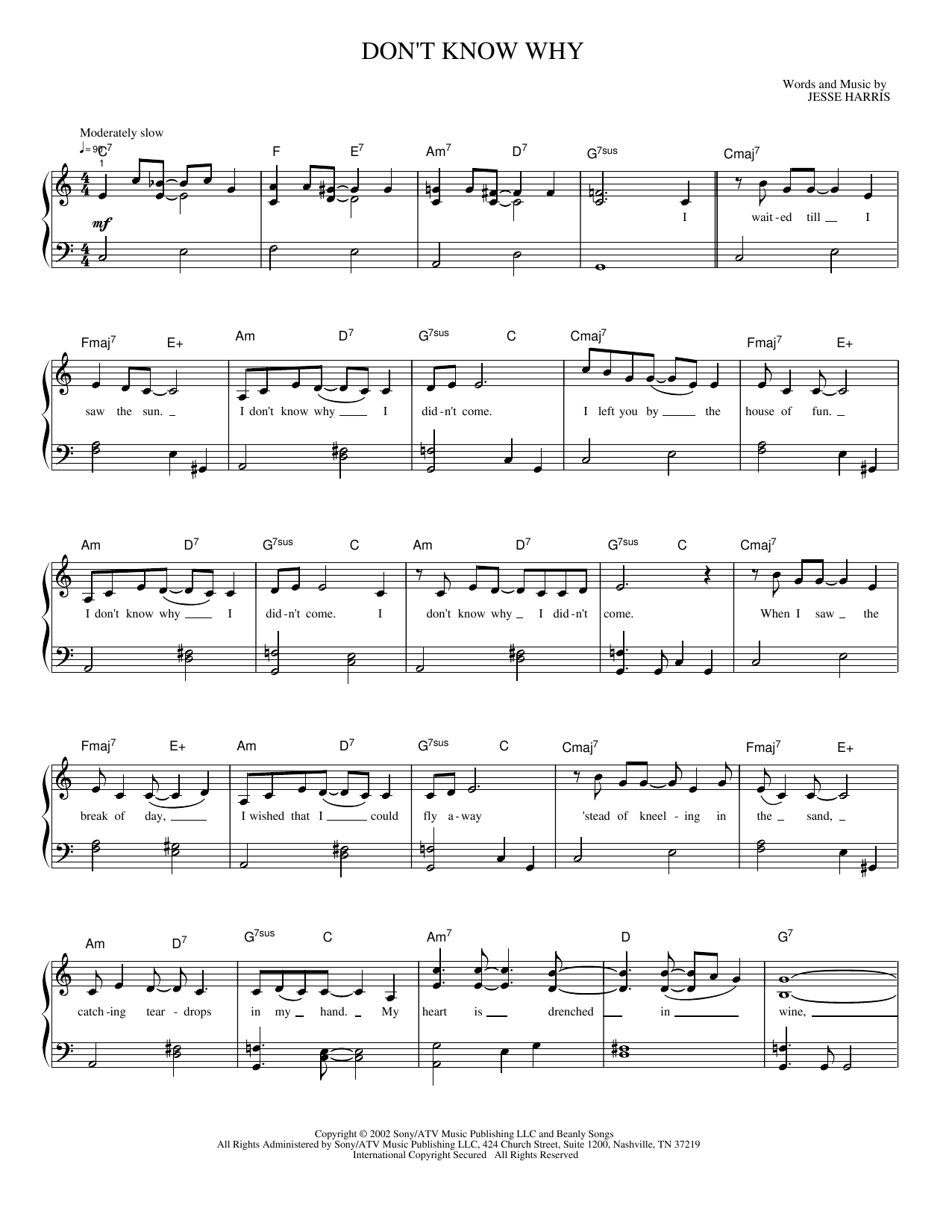 Download Jesse Harris Don't Know Why Sheet Music and learn how to play Piano, Vocal & Guitar Chords (Right-Hand Melody) PDF digital score in minutes