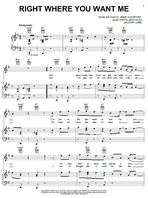 Download Jesse McCartney Right Where You Want Me Sheet Music and learn how to play Piano, Vocal & Guitar (Right-Hand Melody) PDF digital score in minutes