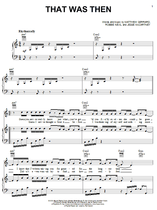 Download Jesse McCartney That Was Then Sheet Music and learn how to play Piano, Vocal & Guitar (Right-Hand Melody) PDF digital score in minutes