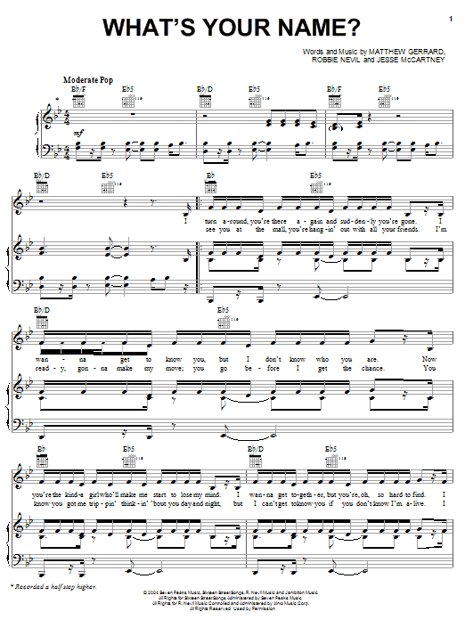 Download Jesse McCartney What's Your Name? Sheet Music and learn how to play Piano, Vocal & Guitar (Right-Hand Melody) PDF digital score in minutes
