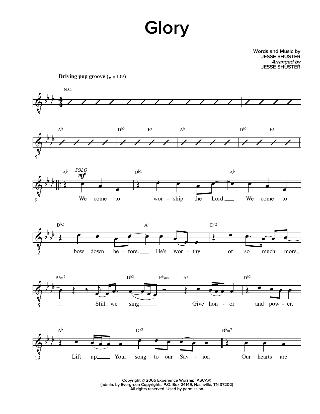 Download Jesse Shuster Glory Sheet Music and learn how to play Lead Sheet / Fake Book PDF digital score in minutes