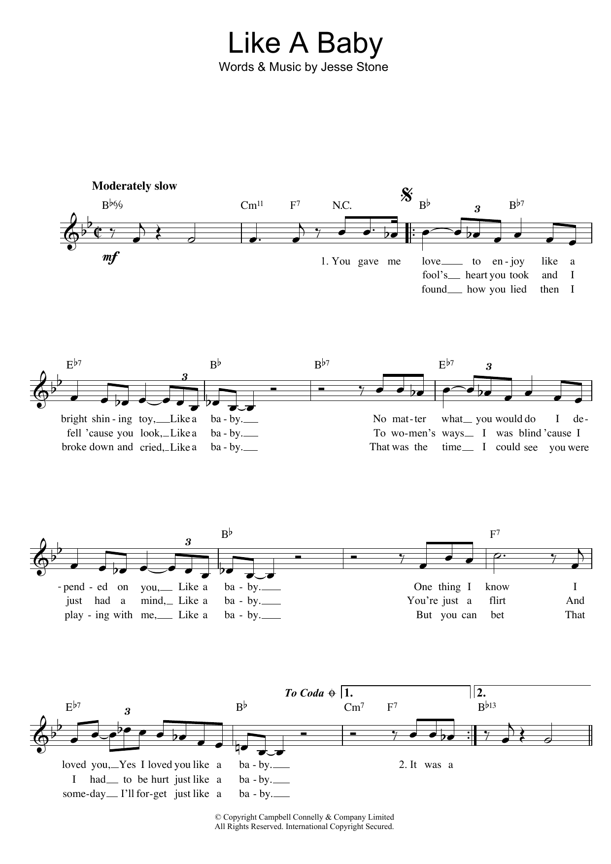 Download Jesse Stone Like A Baby Sheet Music and learn how to play Melody Line, Lyrics & Chords PDF digital score in minutes