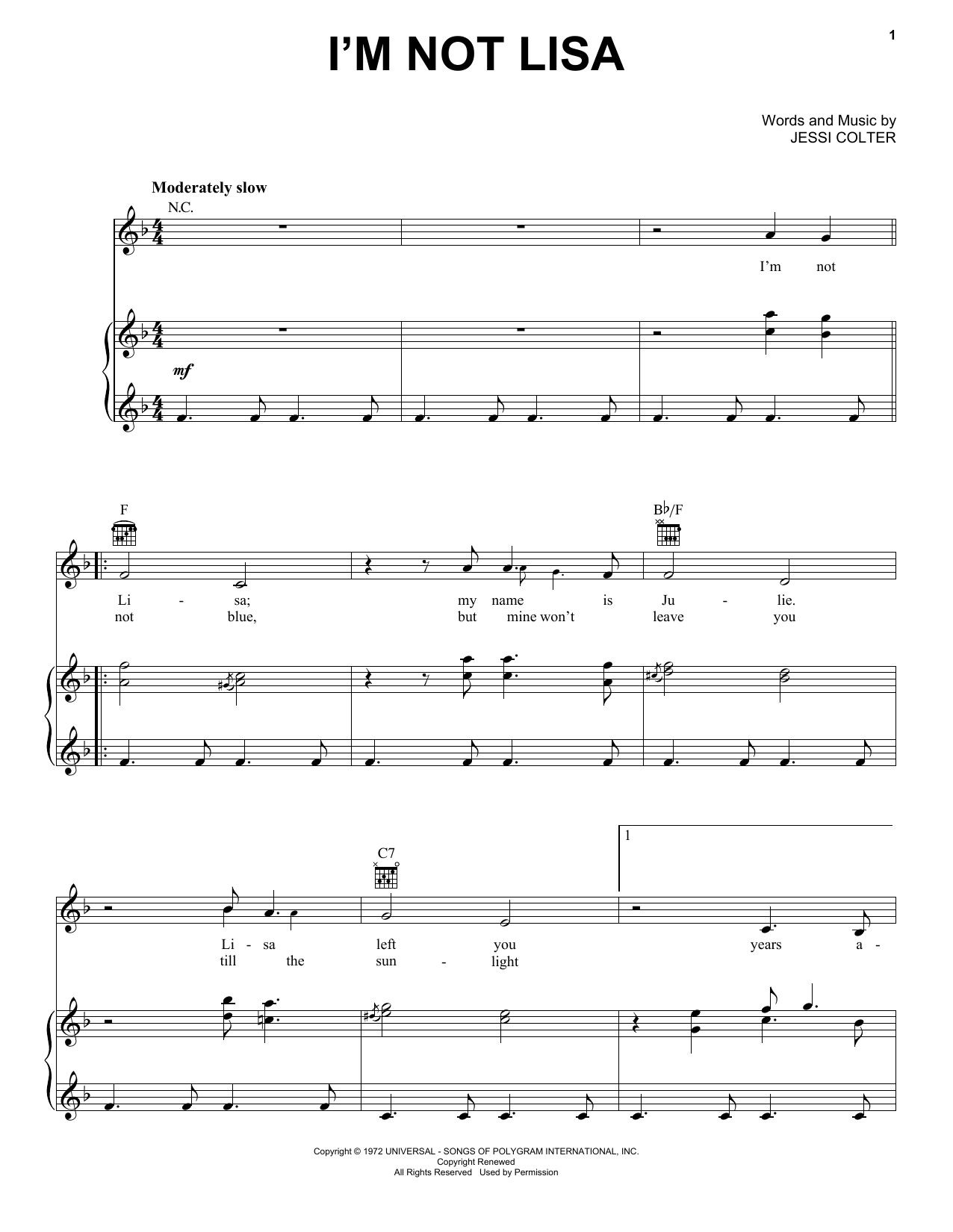 Download Jessi Colter I'm Not Lisa Sheet Music and learn how to play Real Book – Melody, Lyrics & Chords PDF digital score in minutes
