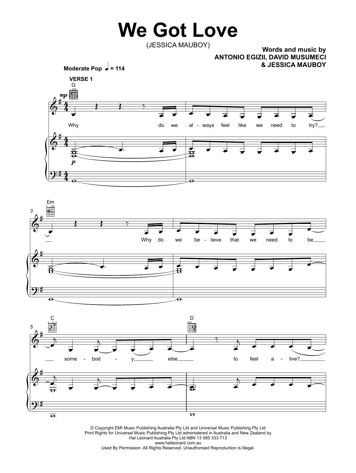 Download Jessica Mauboy We Got Love Sheet Music and learn how to play Piano, Vocal & Guitar (Right-Hand Melody) PDF digital score in minutes