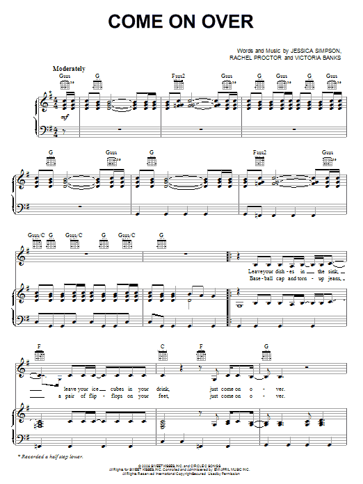 Download Jessica Simpson Come On Over Sheet Music and learn how to play Piano, Vocal & Guitar (Right-Hand Melody) PDF digital score in minutes