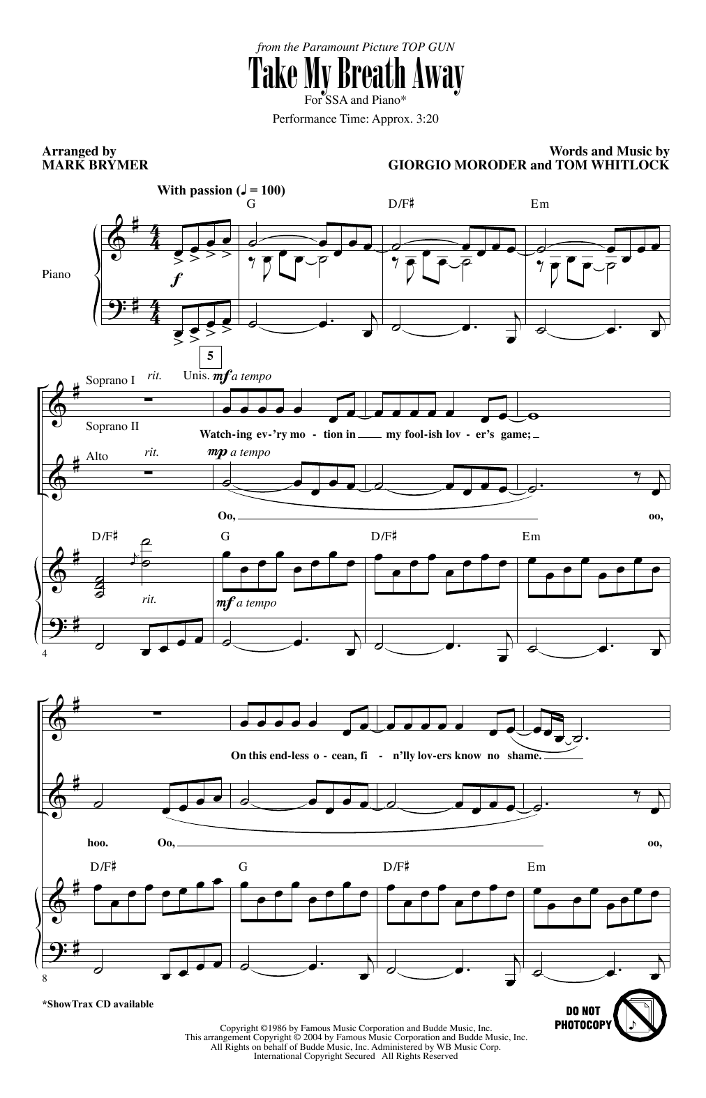 Download Jessica Simpson Take My Breath Away (Love Theme) (from Top Gun) (arr. Mark Brymer) Sheet Music and learn how to play SSA Choir PDF digital score in minutes