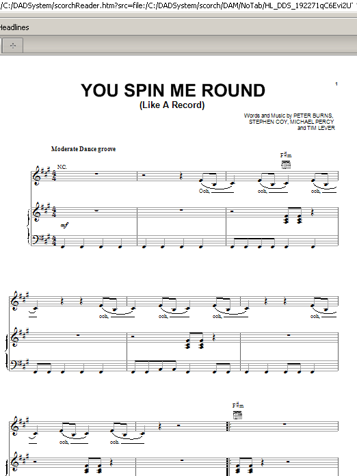 Download Jessica Simpson You Spin Me Round (Like A Record) Sheet Music and learn how to play Piano, Vocal & Guitar (Right-Hand Melody) PDF digital score in minutes