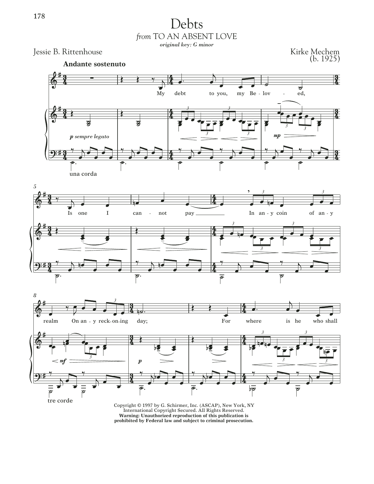 Download Kirke Mechem Debts Sheet Music and learn how to play Piano & Vocal PDF digital score in minutes