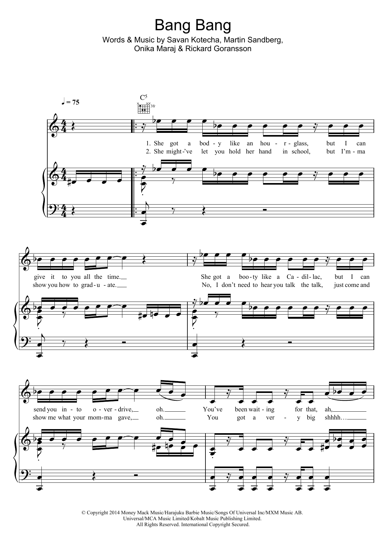 Download Jessie J, Ariana Grande & Nicki Minaj Bang Bang Sheet Music and learn how to play Piano, Vocal & Guitar (Right-Hand Melody) PDF digital score in minutes