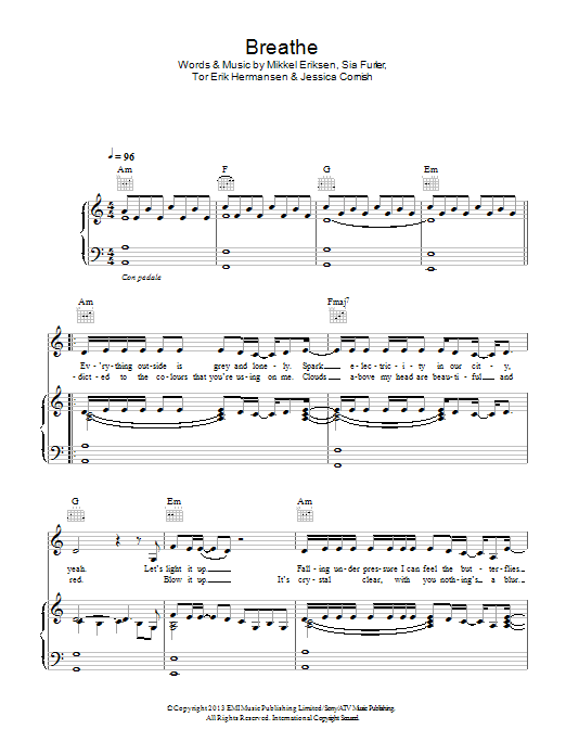 Download Jessie J Breathe Sheet Music and learn how to play Piano, Vocal & Guitar (Right-Hand Melody) PDF digital score in minutes