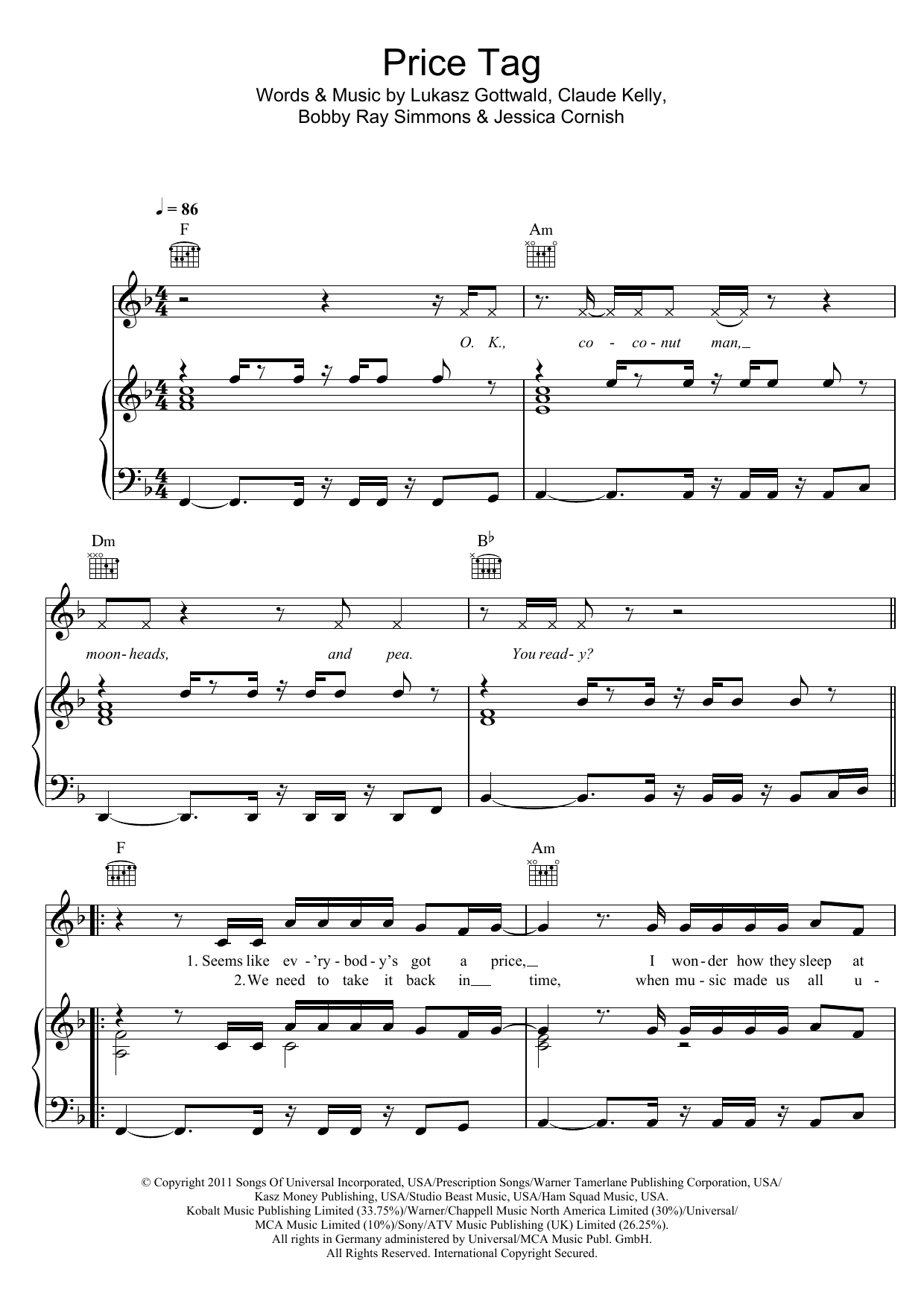 Download Jessie J Price Tag (feat. B.o.B) Sheet Music and learn how to play Piano, Vocal & Guitar (Right-Hand Melody) PDF digital score in minutes