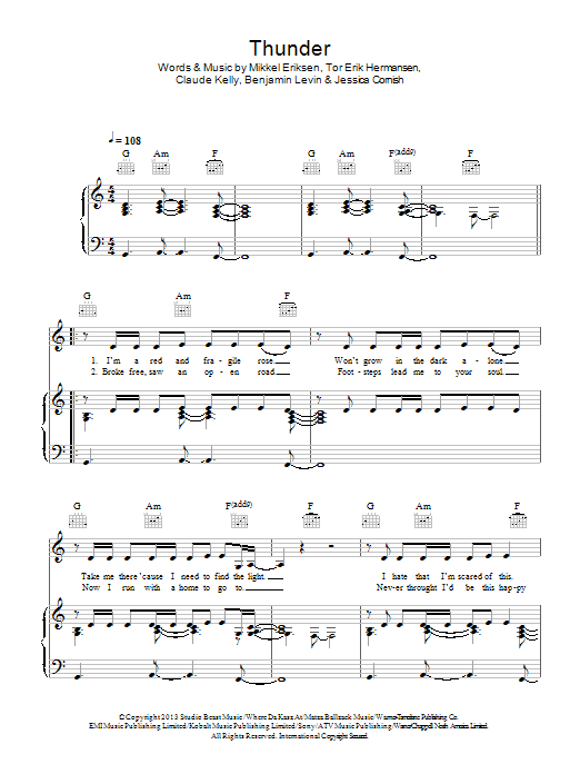 Download Jessie J Thunder Sheet Music and learn how to play Piano, Vocal & Guitar (Right-Hand Melody) PDF digital score in minutes