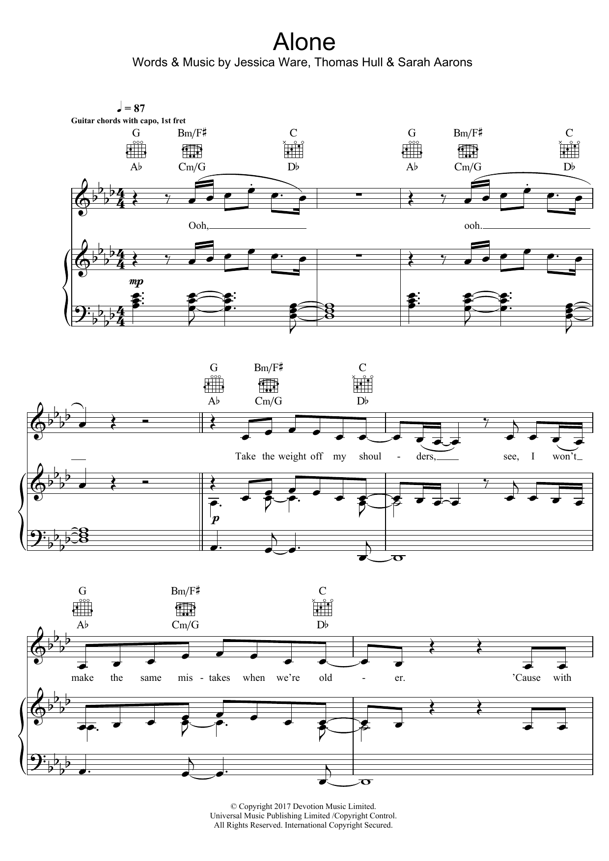 Download Jessie Ware Alone Sheet Music and learn how to play Piano, Vocal & Guitar (Right-Hand Melody) PDF digital score in minutes