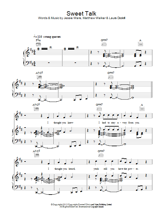 Download Jessie Ware Sweet Talk Sheet Music and learn how to play Piano, Vocal & Guitar (Right-Hand Melody) PDF digital score in minutes