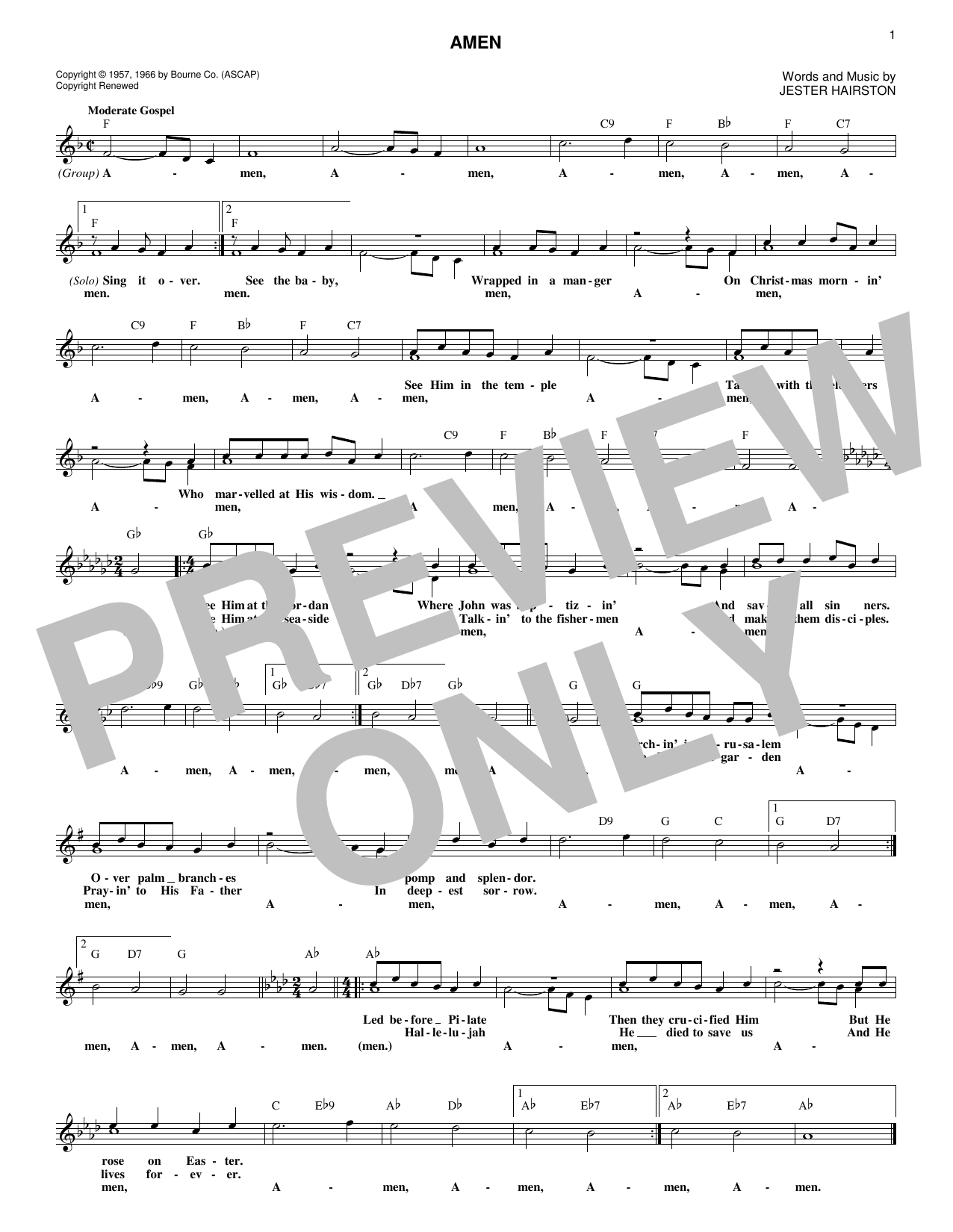 Download Jester Hairston Amen Sheet Music and learn how to play Melody Line, Lyrics & Chords PDF digital score in minutes