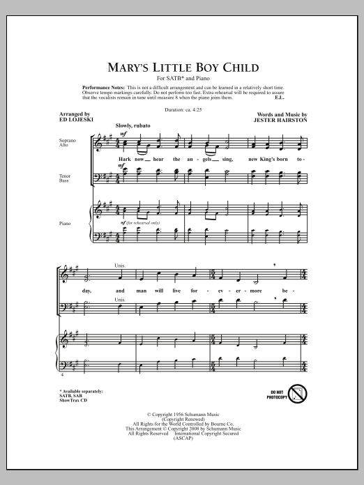 Download Ed Lojeski Mary's Little Boy Child Sheet Music and learn how to play SATB PDF digital score in minutes