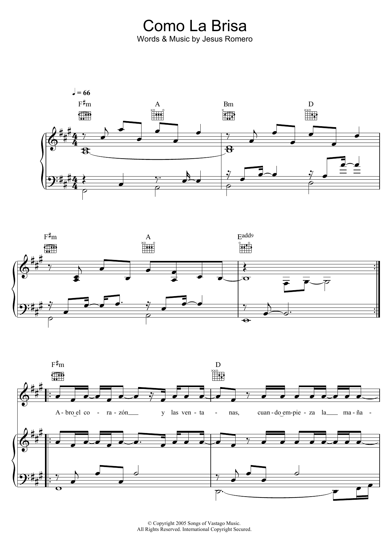 Download Jesus Adrian Romero Como La Brisa Sheet Music and learn how to play Piano, Vocal & Guitar (Right-Hand Melody) PDF digital score in minutes