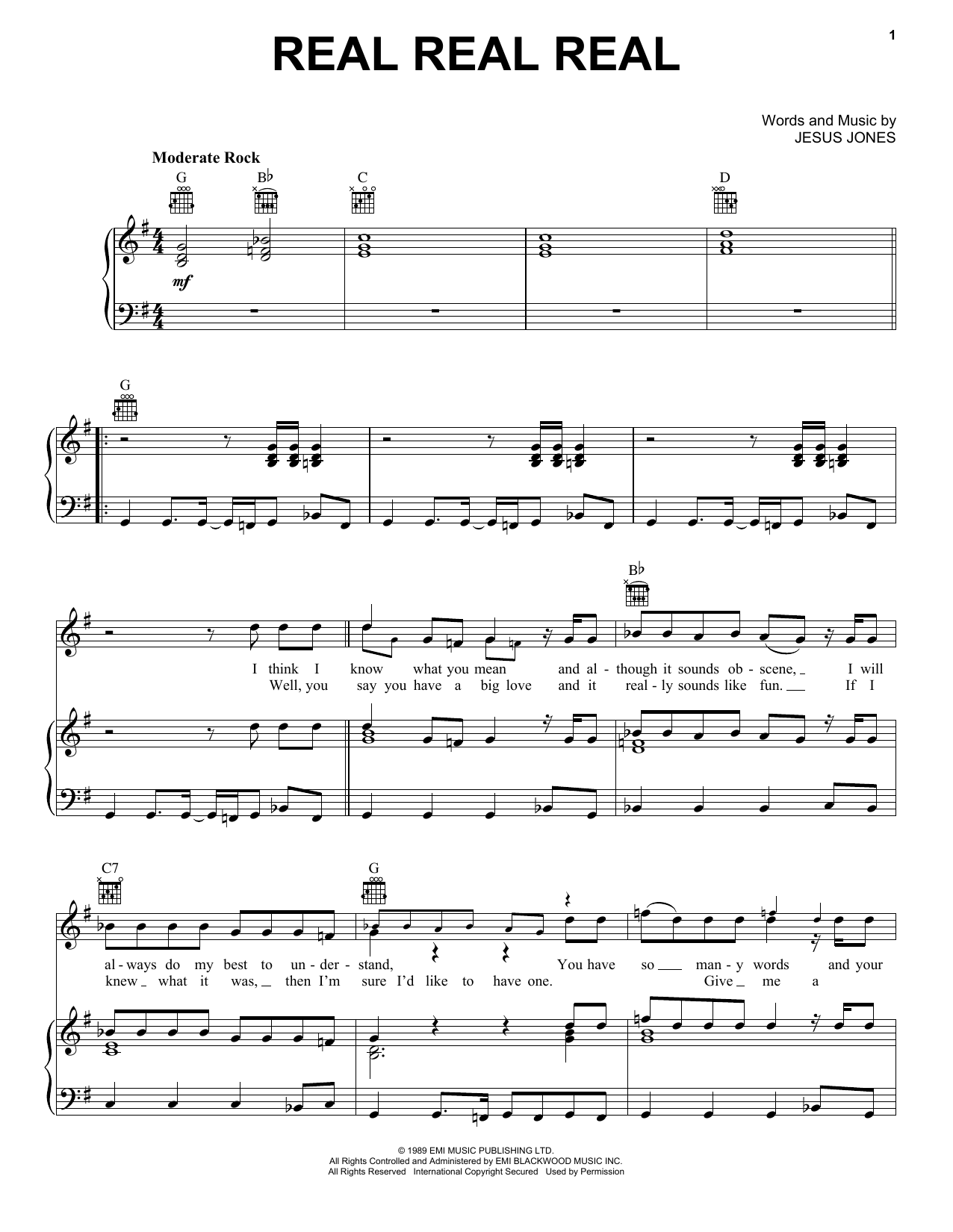 Download Jesus Jones Real Real Real Sheet Music and learn how to play Piano, Vocal & Guitar Chords (Right-Hand Melody) PDF digital score in minutes