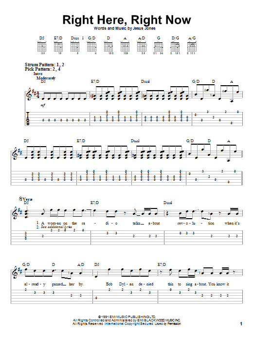 Download Jesus Jones Right Here, Right Now Sheet Music and learn how to play Easy Guitar Tab PDF digital score in minutes