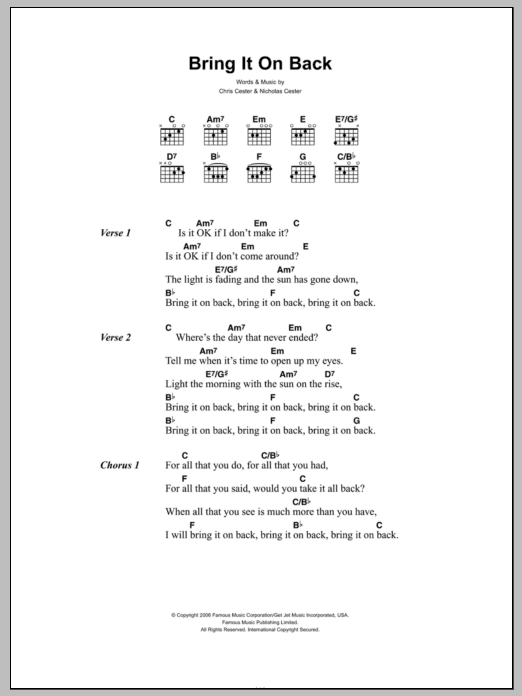 Download Jet Bring It On Back Sheet Music and learn how to play Lyrics & Chords PDF digital score in minutes