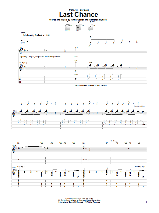 Download Jet Last Chance Sheet Music and learn how to play Guitar Tab PDF digital score in minutes