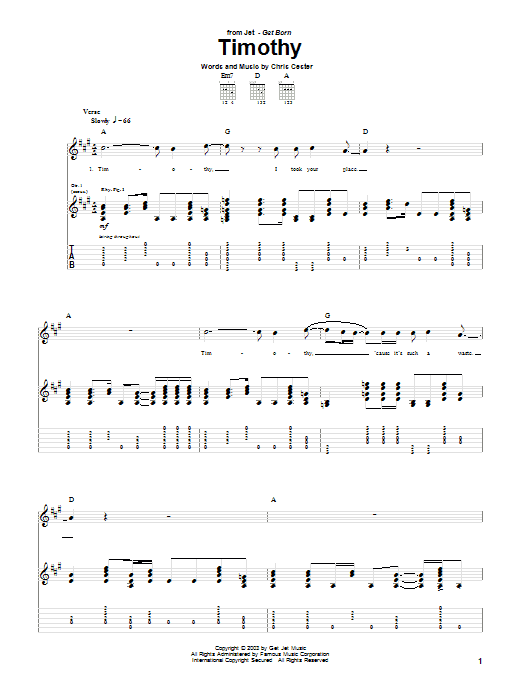 Download Jet Timothy Sheet Music and learn how to play Guitar Tab PDF digital score in minutes