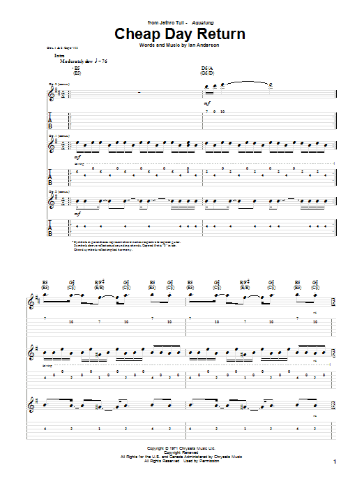 Download Jethro Tull Cheap Day Return Sheet Music and learn how to play Guitar Tab PDF digital score in minutes