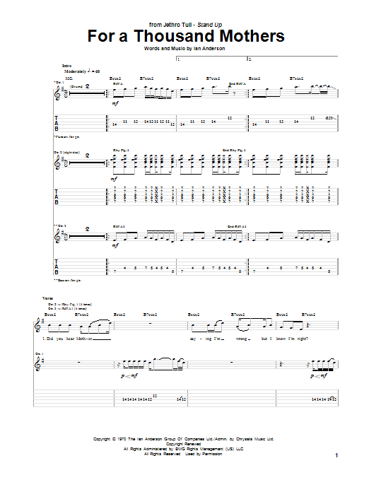 Download Jethro Tull For A Thousand Mothers Sheet Music and learn how to play Guitar Tab PDF digital score in minutes