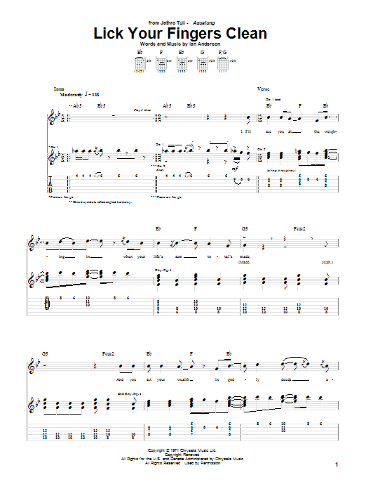 Download Jethro Tull Lick Your Fingers Clean Sheet Music and learn how to play Guitar Tab PDF digital score in minutes