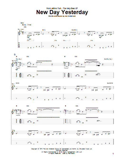 Download Jethro Tull New Day Yesterday Sheet Music and learn how to play Guitar Tab PDF digital score in minutes
