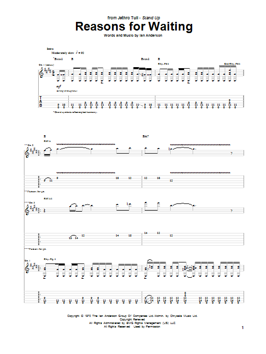 Download Jethro Tull Reasons For Waiting Sheet Music and learn how to play Guitar Tab PDF digital score in minutes