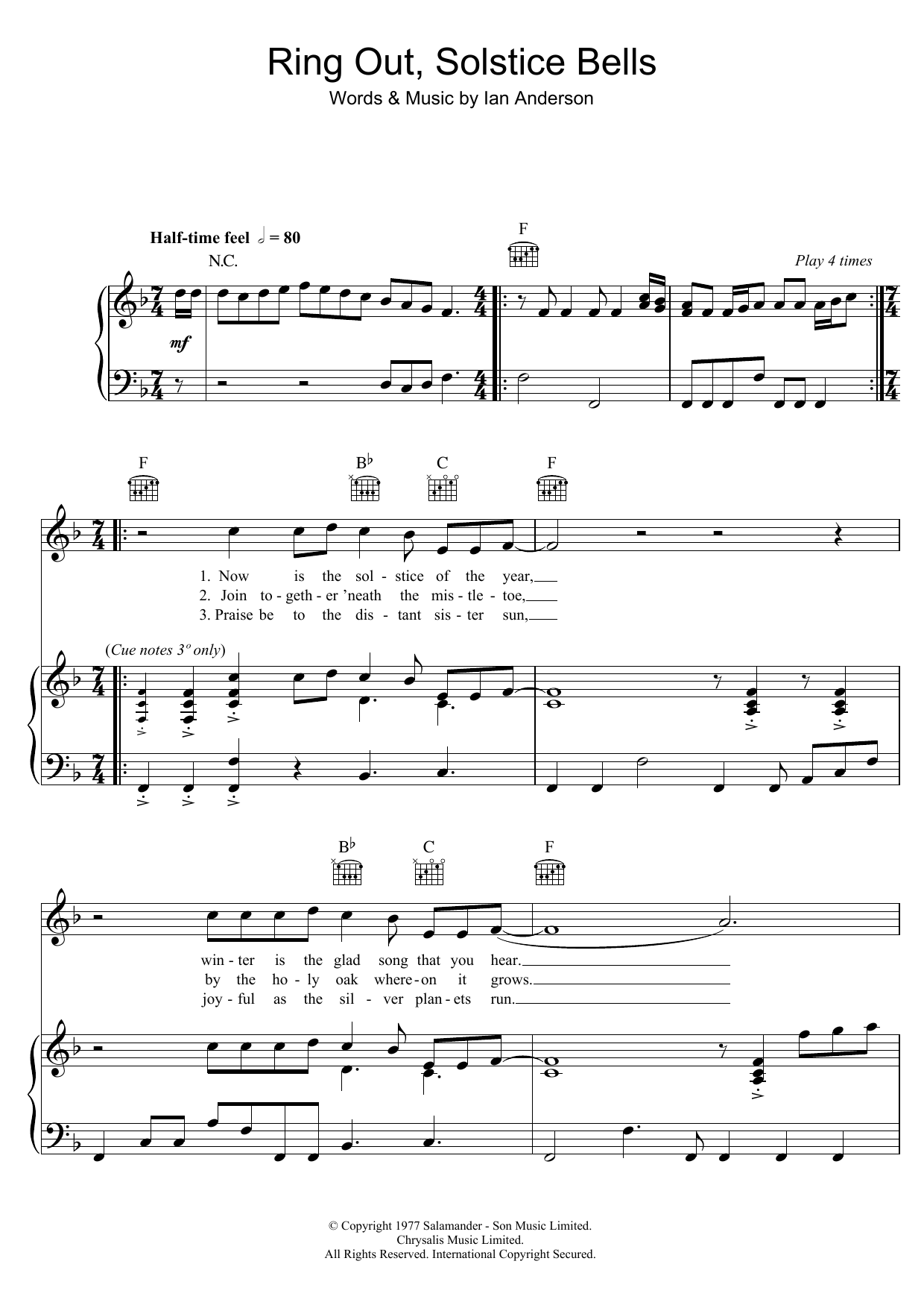 Download Jethro Tull Ring Out, Solstice Bells Sheet Music and learn how to play Piano, Vocal & Guitar (Right-Hand Melody) PDF digital score in minutes