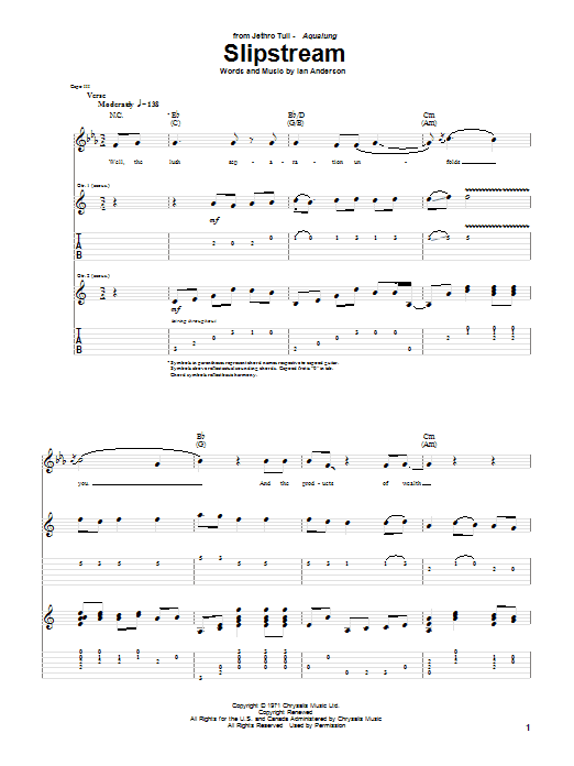 Download Jethro Tull Slipstream Sheet Music and learn how to play Guitar Tab PDF digital score in minutes