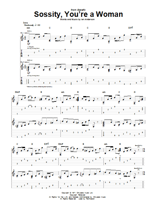 Download Jethro Tull Sossity, You're A Woman Sheet Music and learn how to play Guitar Tab PDF digital score in minutes