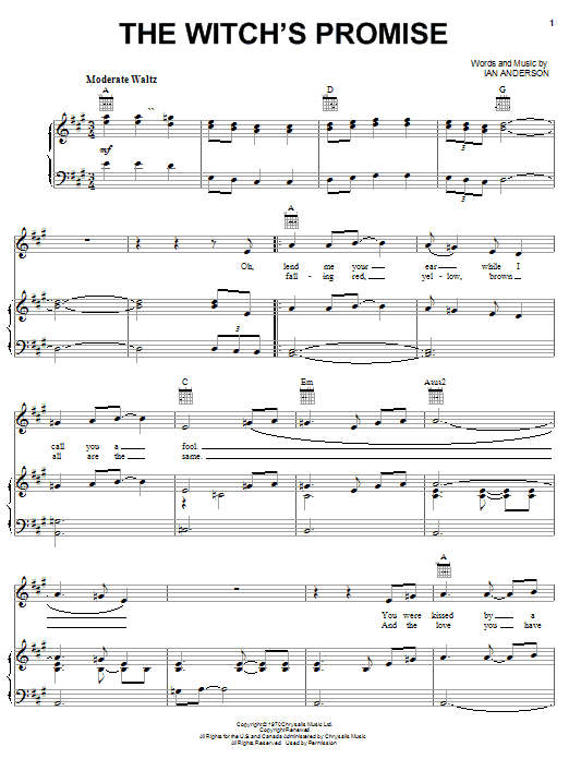 Download Jethro Tull The Witch's Promise Sheet Music and learn how to play Piano, Vocal & Guitar (Right-Hand Melody) PDF digital score in minutes