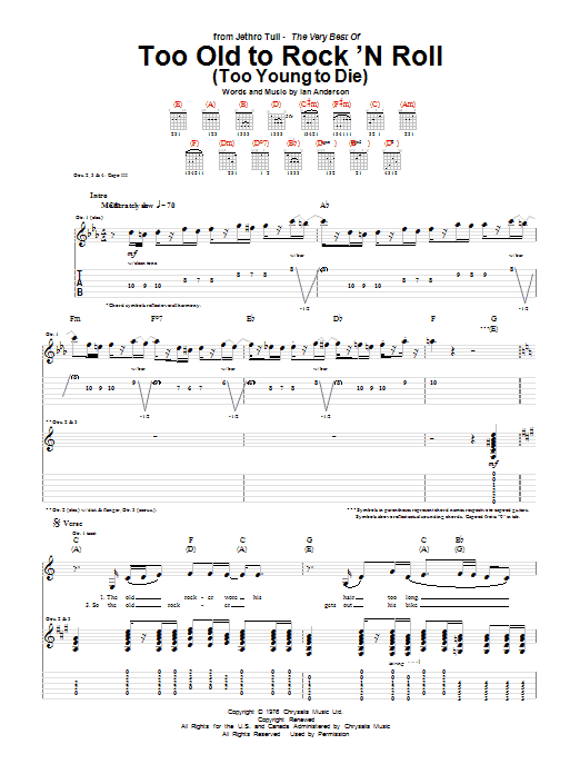 Download Jethro Tull Too Old To Rock 'N Roll (Too Young To Die) Sheet Music and learn how to play Guitar Tab PDF digital score in minutes