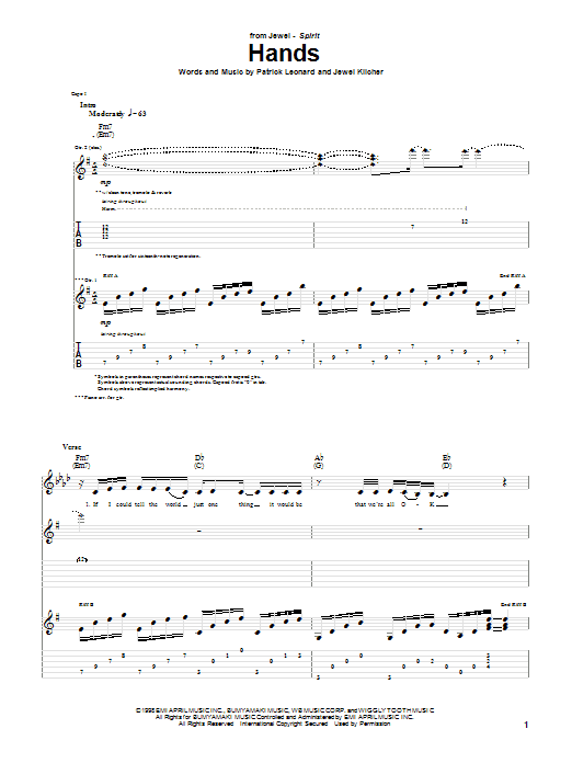 Download Jewel Hands Sheet Music and learn how to play Lyrics & Chords PDF digital score in minutes