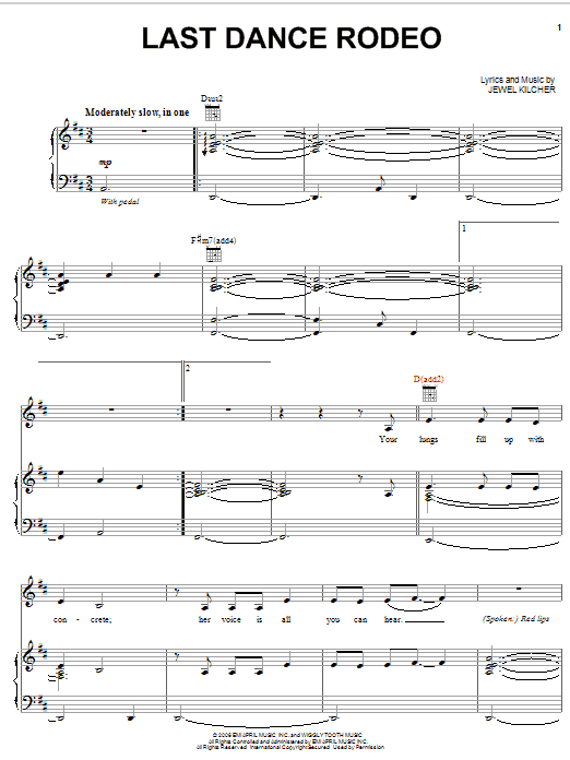 Download Jewel Last Dance Rodeo Sheet Music and learn how to play Piano, Vocal & Guitar (Right-Hand Melody) PDF digital score in minutes